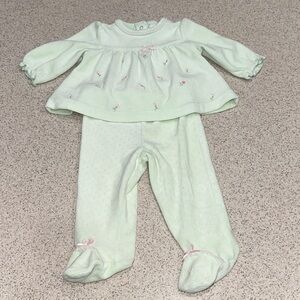 Mint Green & Pink Velour Rosebuds Baby Outfit 9 months